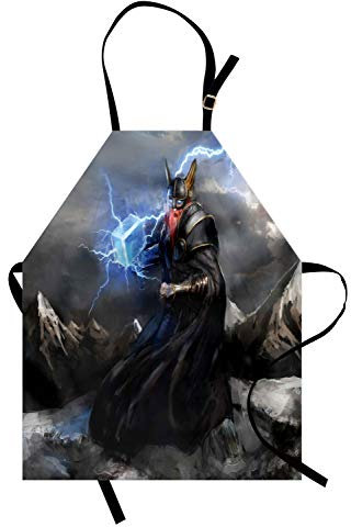 ABAKUHAUS Vikingo Delantal de Cocina, Thor Mjolnir Y Trueno, Altura Ajustable Lavable Sus Colores No Destiñen, Multicolor