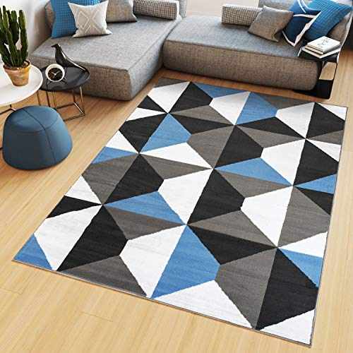 TAPISO Maya Teppich Kurzflor Grau Weiß Blau Modern Geometrisch Vierecke Figuren Design Wohnzimmer Schlafzimmer Büro ÖKOTEX 160 x 230 cm