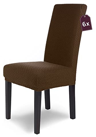 SCHEFFLER-Home Stuhlhussen Stretch Luna/Stuhlhussen Braun 6er Set/elastische Flanell Stuhlabdeckungen/Stuhlhussen Schwingstühle/Hussen Stuhl Überzieher mit Gummiband/Stuhlhussen Samt