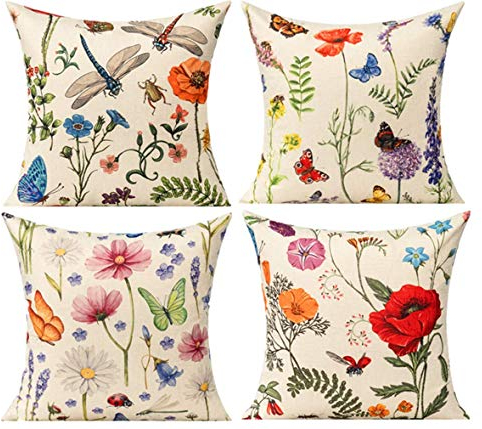 All Smiles Spring Outdoor Throw Pillow Covers Garden Flowers Farmhouse Outside Furniture Bench Decorative Cushion 16 X 16 Set of 4 for Patio Sofa Couch Chair,Butterfly Dragonfly Summer Decorations