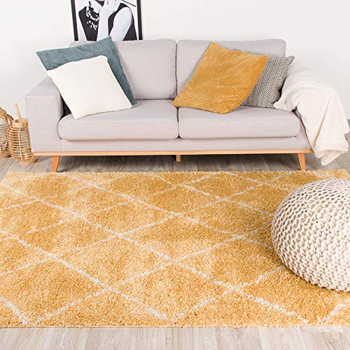 FRAAI Teppich Hochflor - Grand Lines Gelb Creme 120x170cm - Kariert, Gestreift, Shaggy - Modern, Skandinavisch - Wohnzimmer, Esszimmer, Schlafzimmer - Fellteppich - Rug