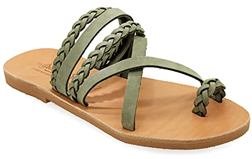37 Olivgrün Emmanuela Greek Style Sandalen mit geflochtenen Teilen, hochwertige handgemachte Leder Zehenring flache Sandalen, Slide on Sommerschuhe für Damen, Boho Chic Slider Sandalen