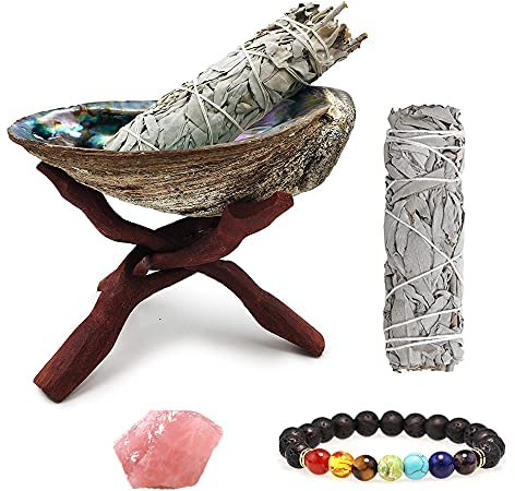 NW Le kit de smudge est livré avec 2 sauges blanches, 12,7 à 15,2 cm coquille d'ormeau avec support et bracelet de lave chakra, cristal rose. 100% naturel.