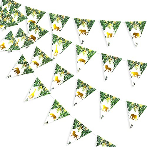 Wimpelkette mit goldenen und grünen Dschungel-Safari-Tieren, Wimpelkette aus Papier, dreieckige Flaggen, Wimpelgirlande für Zoo-Thema, Babyparty, Mädchen, wilde Hawaii-Party-Dekorationen