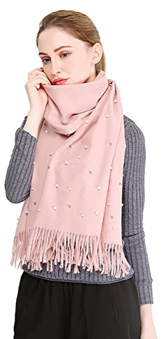 AIRMOOD Winter-Damen-Kaschmir-Schals-Schal Mit Künstlichen Perlen, Warmer Pashmina-Schal-Wrap-Weiche Lange Weihnachtsschal-Decke Für Frauen,Rosa
