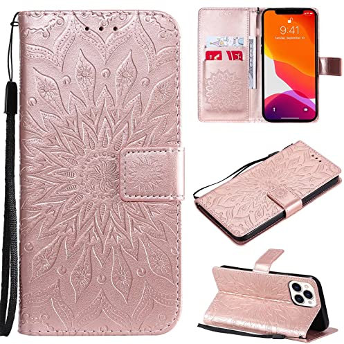 Ttianfa Cover Custodia Flip per APPLE IPHONE 13 PRO MAX 6.7 con 2& Vetro Temperato [2 Slot per Carte 1+Portafoglio][Chiusura Magnetica][Supporto] Goffratura Girasole Fiore cordino Antiurto,Rosa