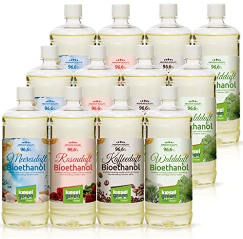 KieselGreen Bioethanol 12 x 1 Liter mit Duft für Ethanol-Kamin, viele Sorten - Bio Ethanol als Raumduft in vielen Duftnoten - Parfüm für Bio Ethanol Kamin Indoor oder Bioethanol Tischfeuer (M3)