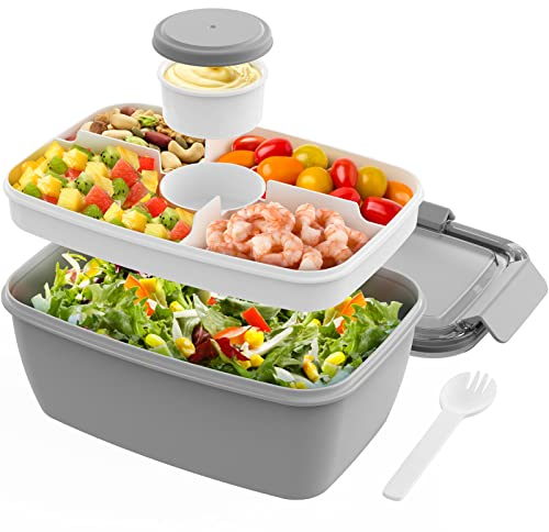 Cherrysea Salat-Lunchbehälter, 1,9 l, Salatschüsseln mit 4 Fächern, auslaufsichere Lunchbox mit Gabel für Männer, Frauen, BPA-frei, Snackbehälter mit Soßenbehälter für Dressings, Grau