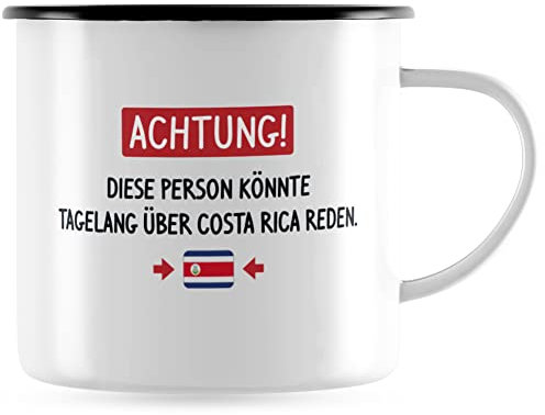 JUNIWORDS Emaille-Tasse, Achtung! Diese Person könnte tagelang über Costa Rica reden, Schwarzer Tassenrand (1006217)