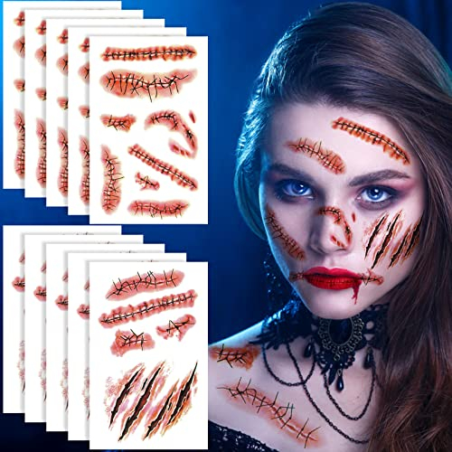Halloween Tattoo Narben,Halloween Wunden Realistisches Motive Temporäre Tattoos Gesicht Aufkleber Mit Gefälschten Scab Blut Kratzern Wasserdicht Tattoos für Karneval Halloween Schminken-10 Bogens