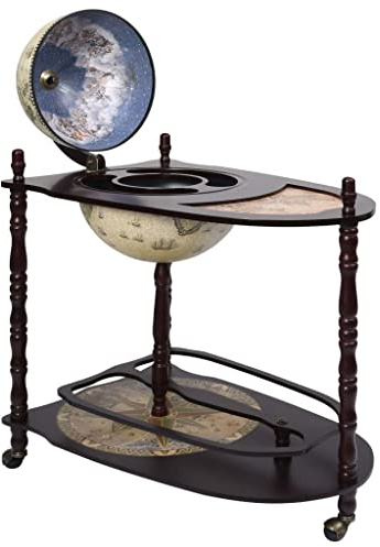 Makastle Barwagen mit Tischplatte und Ablageboden, Globusbar, Bartisch, Hausbar, Barwagen, Weltkugel, Cocktailbar, Dekobar, Tischbar, mit Rollen, Globus Bar, Freistehend, Grün und Braun