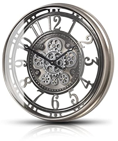 Wanduhr mit echtem Bewegungsgetriebe Zahnrädern römische oder arabische Ziffern (Arabische Zahlen, Silber)
