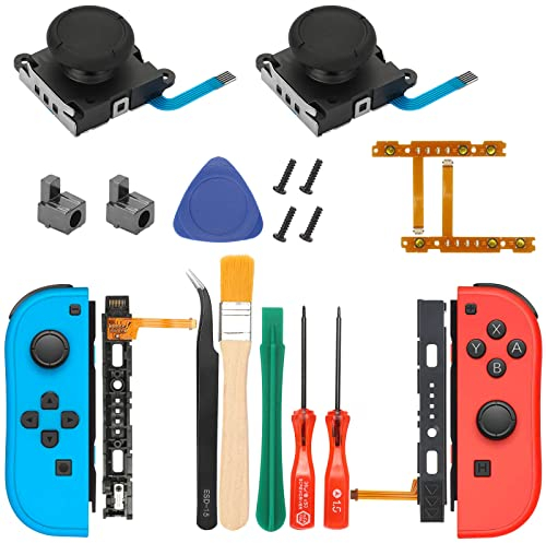EEEKit 18 in 1 Replacement Repair Kit for Switch Joy-Con with Screwdrivers, Analog 3D Joysticks, Buckle Lock, Charging Port Slider, Button Sync Flex Cables