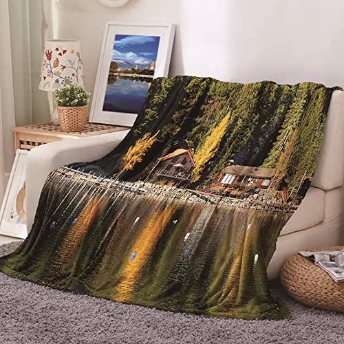 Kuscheldecke Gelb, Blanket Warm Flanell Grün Fluss in Der Nähe Holzhaus Wald Flanelldecke 130x150CM Weich Wohndecke Sofa Bett Geschenk