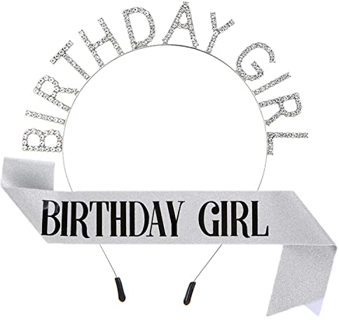 ZHOUHON Geburtstag Kopfschmuck, Geburtstag Schärpe, Mädchen Kristall Tiara, Girls Birthday Party Decorations Set (Silber) (Silber)