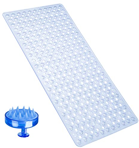 Non Slip Bath Mat Shower Mats Anti Mould for Bathroom and Bathtub with Large Suction Cup and Thickened Rubber Backing Long, Clear, 40 x 88cm