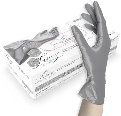 UNIGLOVES FANCY SILVER Nitrile Disposable Gloves, Multipurpose, Powder Free and Latex Free Disposable Gloves, Box of 100 Gloves, Silver, Size XL