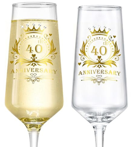 ROXBURGH 40th Wedding Anniversary Champagne Flutes Present Rhinestones Studded, 40th Anniversary Decorations 7 OZ Crystal Champagne Glasses Set of 2, Wedding Present, Couples
