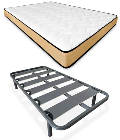 DUÉRMETE ONLINE Komplettes Bett mit Visko-Matratze, wendbar, verstärkter Lattenrost, 40 x 30 mm, mit Metallbeinen, legierter Stahl, Grau, 105 x 190 cm