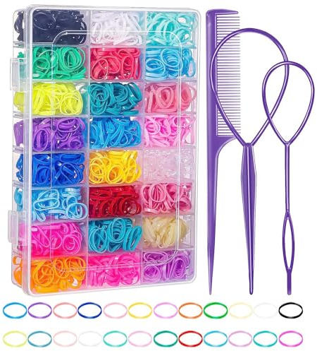 Elastic Hair Bands 24 Colors, 2000 pcs Mini Hair Rubber Bands with Organizer Box, 4 Hair Loop Styling Tools, Soft Small Girl Hair Ties for Toddlers Baby Girls Kids Hair Accessories(Purple)