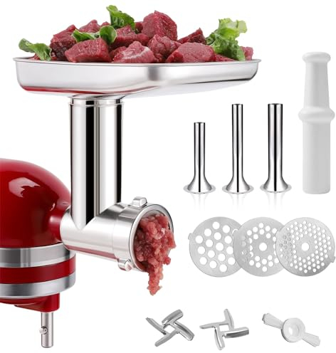 KINGEAGLE Food Grinder Attachment for KitchenAid Mixers,Stainless Steel Dishwasher Safe Meat Mincer Accessories Set Included 3 Sausage Stuffer Tubes