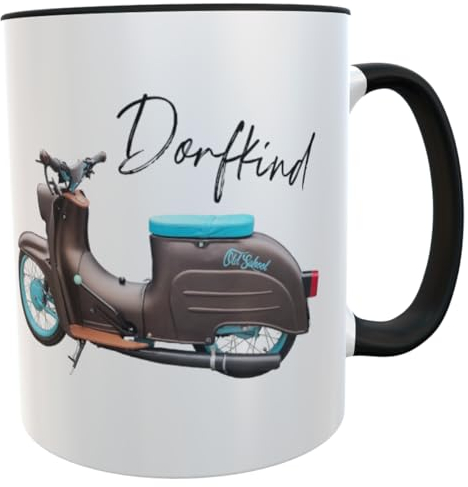 Kilala Motiv Tasse weiß, mit Dorfkind Aufdruck und Old School Simson Schwalbe Roller Motiv braun, Name personalisiert, Geschenk für Mofafahrer und Mopedfahrer