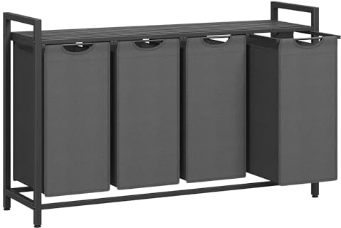 VASAGLE Wäschekorb 4 Fächer, Wäschesammler mit Ablage, Wäschebox, Wäschesack aus Oxford-Gewebe abnehmbar, Metallrahmen, 4 x 40 L, 116 x 33 x 72 cm, schiefergrau-anthrazitgrau BLH401G01