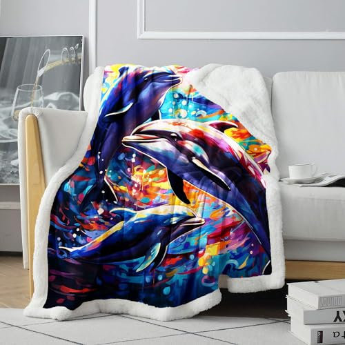 CHTLIFQ Bunte Delfine, 3D Druck, Sherpa Decke, Sherpa Überwurf, Decke, Klimaanlage, Decke, alle Jahreszeiten, für Kinder und Erwachsene, Kinderbett, 150 x 200 cm, Sherpa