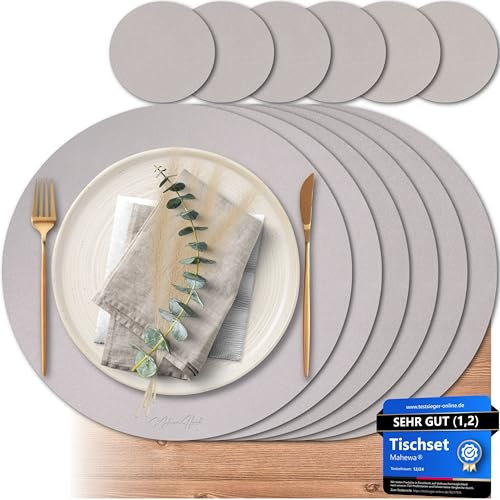 Mahewa® 6er Set Premium Tischset aus Kunstleder - Platzset abwaschbar und wasserdicht - Platzdeckchen Telleruntersetzer in Lederoptik (Taupe, Rund)