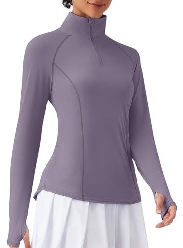 IECCP Uv Schutz Langarm für Damen T-Shirt UPF 50+ Sportshirt Golf Polo Langarmshirt Sommershirts mit Daumenlöcher Reißverschluss Kragen Hellviolett M