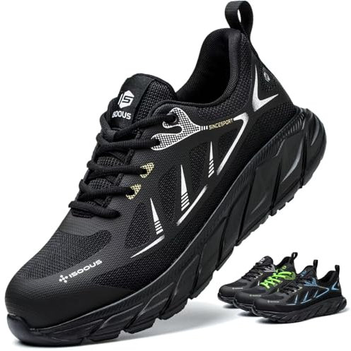 ISOOUS Sicherheitsschuhe Herren Leicht Arbeitsschuhe Damen mit Stahlkappe Sportlich rutschfest Atmungsaktiv Schutzschuhe Schwarz 44