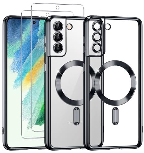 Phoona Cover Placcatura per Samsung Galaxy S21 FE 5G 6,4 Pollici, Obiettivo per Fotocamera Protezione Completa e 2 × vetro temperato, Compatibile con MagSafe Ricarica Wireless, Nero
