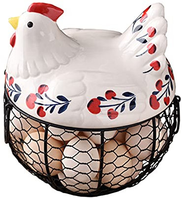SiMbae Cesta de Almacenamiento de Huevo de Alambre Negro con Canasta de Huevo con Forma de Pollo de cerámica con Asas para Huevos Frescos Décor de Cocina de Cocina Linda