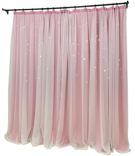 Beydodo Rideau Occultant Court, Rideaux en Polyester Uni Rose avec Voilage Motif Étoiles, Rideaux avec Crochet Lot de 2 96x115cm