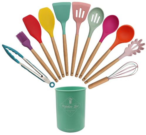 Kitchen Utensil Set, 12 Pieces Silicone Kitchen Utensils Set, Non-Stick Heat Resistant Wooden Handle Cooking Cutlery, Silicone Spatula Cookware, Cooking, Baking, Dishwasher Safe (Spatula-Color)