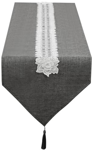 SANLEHAUSE Tischläufer Grau 40 x 300 cm, Leinen Tischläufer Leinenoptik Bestickter Quaste Tischläufer, Schlichte, Elegante, Pflegeleichte Tischläufer für Esstisch Couchtisch Restaurant Dekoration
