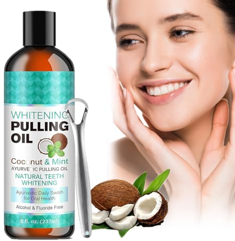 Pemarlis 237ml Aceite de coco, aceite de menta para enjuague bucal, Aceite de coco con raspador de lengua, extracción de aceite de coco natural Aliento fresco y salud de las encías