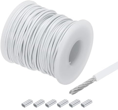 QUARKZMAN 30m Cable de Acero Inoxidable 304, 1.5mm OD Alambre Cuerda Carrete Kit con 6pcs Doble Orificio Aluminio Mangas PVC Recubierto para Cuerda Tendedero Suspensión Planta, Blanco