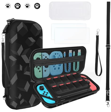 JYPS Tasche für Switch OLED, Hartschalen Reiseschutzhülle für Zubehör Kit, Tragetasche Schutz Bundle mit TPU Abdeckung, Verstellbaren Riemen, Bildschirmschutz (Schwarz)