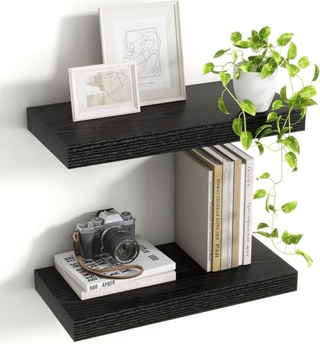 Acovy 40 cm Schweberegale 2er Set, 19,5 cm Tiefe Schwarze Wandregale | Tiefe Bücherregale, Hängeregal mit unsichtbaren Halterungen, Wandmontierte Regale für Badezimmer, Schlafzimmer, Wohnzimmer