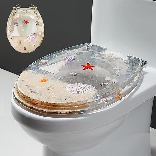 Resin Toilet Seat Soft Close Toilet seat Quick Release, Heavy Duty, Glitter Toilet Seat, Slow Close, Sparkling Toilet Seats for Bathroom, 14.2×16.5,Gold (Clear)