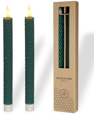comforder Echtwachs LED Kerzen mit flackernder Flamme (2er Set), elektrische Stabkerzen mit Timerfunktion, Kerzen batteriebetrieben, Bienenwaben-Optik (Moosgrün)