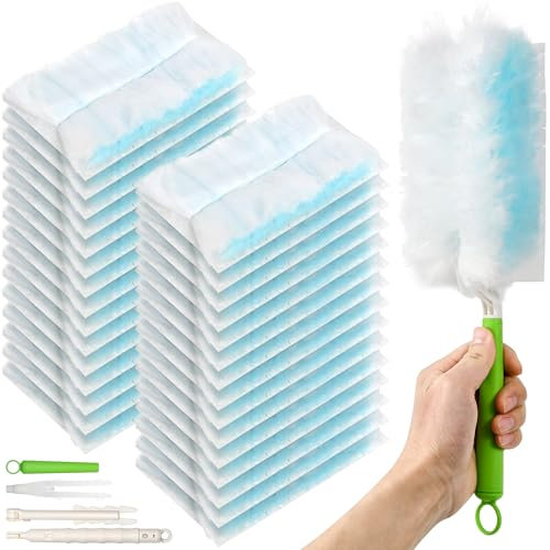 30 Pack Heavy Duty Duster Refills for Swiffer Duster, Multi Surface 360 Duster, 1 Handle,2 Upgrade Telescopic Hands