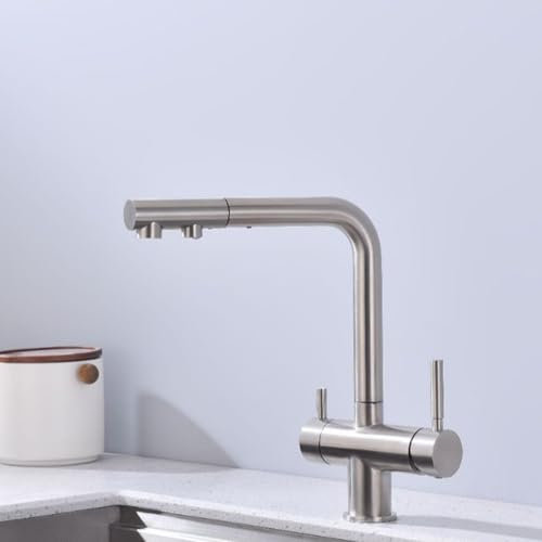 Grifo de Cocina Osmosis 3 Vias Extraible Girando 2 Manijas Grifo Osmosis 3 Vias Extraible Acero Inoxidable-Cepillado