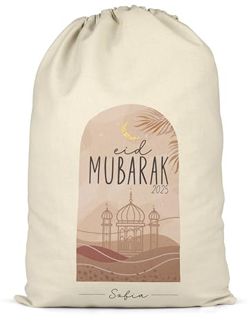 Shopagift Personalised Eid Mubarak Pastel Palm Tree Mosque Islam Muslim Sack Gift Bag for Presents X-Large 70cm x 50cm