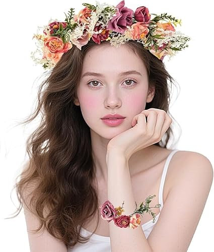 YeahBoom Blumenkranz Haare,Blumenkranz Blume Krone Stirnband mit Armband Set,Haar Garland,Haarbänder Floral Girlande,Blumenstirnband Einstellbar für Damen Hochzeit Zeremonie Festival Party Strand