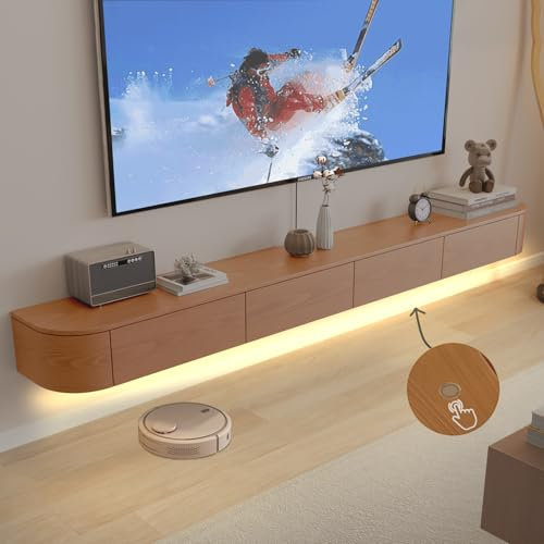 Ribanedy Soporte de TV Flotante Moderno de Madera Maciza con Iluminación LED | Consola de Entretenimiento Montada en la Pared con Puertas Abatibles | Banco de TV para Salón y Oficina (Cereza, 200 cm)