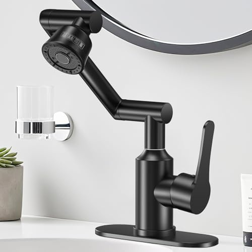 Bathroom Sink Faucet, FunnyAir Stainless Steel 1080° Rotatable Faucet for Sink 1 Hole or 3 Holes, Modern Style Single Handle Bathroom Faucets with Hot and Cold Hoses, Matte Black