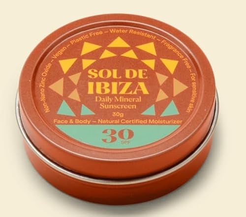 Sol De Ibiza Mineralischer Sonnenschutz LSF30, Gesicht & Körper, natürliche Inhaltsstoffe, nicht-nano-Zinkoxid, vegan, wasserdicht, Erwachsene & Kinder, 30 g, neue cremige Textur