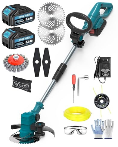 Rasentrimmer mit Akku Für Makita, 4 in 1 Akku Rasentrimmer Mit 4 Arten Klingen Und 2 Akku, 21V Bürstenloser Akku Freischneider Mit Seitlichen RäDern FüR Einfaches Trimmen Der Kanten.